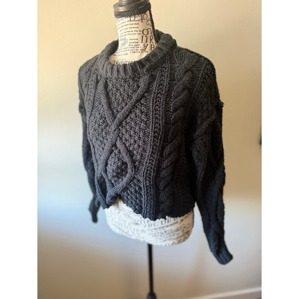 Free People Cable Knit Cropped Cowl Neck Sweater Black p/s
